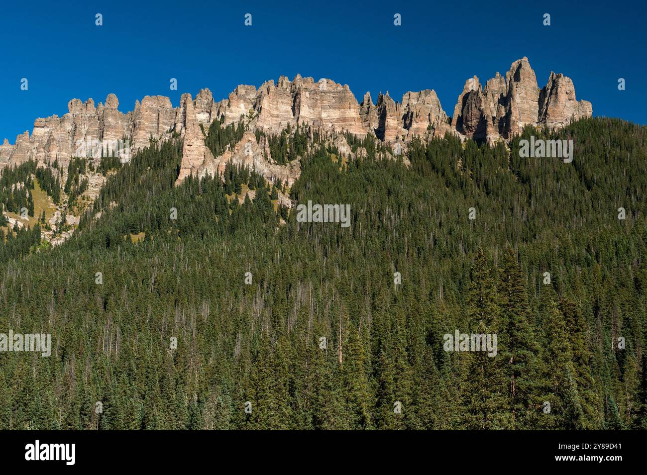 Turret Ridge, une série de pinacles faits de tuf volcanique, entre deux fourches de la rivière Cimarron du Colorado Banque D'Images