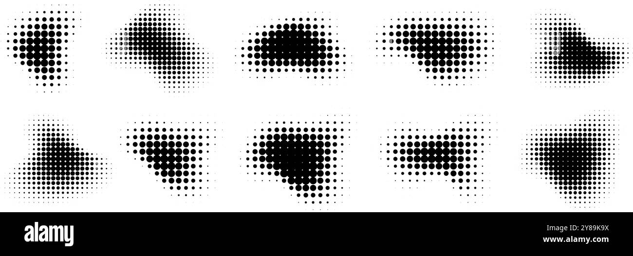 Figures demi-teintes abstraites, texture de points dégradés, effet de pulvérisation circulaire, formes rétro graphiques. Illustration de Vecteur