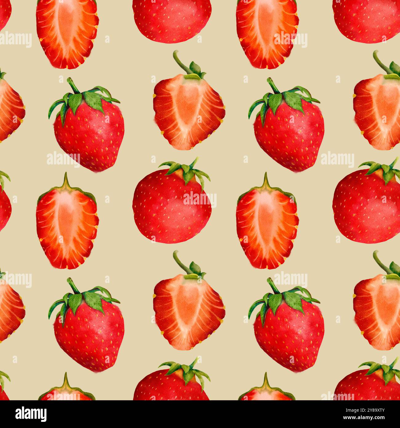 Ce motif sans couture de fraise vibrant et coloré est idéal pour divers motifs alimentaires et inspirations de décoration à la maison. Art numérique dans le style aquarelle, pour l'impression sur tissu et papier. Banque D'Images