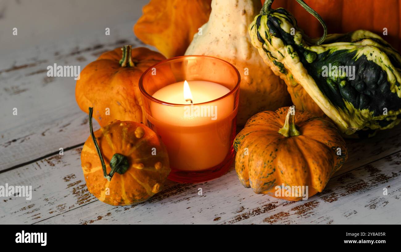 Profitez de la chaleur et des saveurs de l'automne avec cette collection de photos présentant des éléments sur le thème de la citrouille comme des citrouilles, des bougies douillettes et des épices aromatiques Banque D'Images