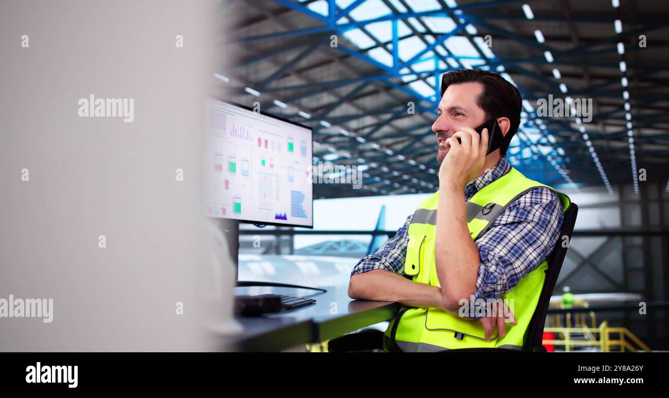 Directeur de la sécurité aérienne appelant au Hangar de l'aéroport Banque D'Images