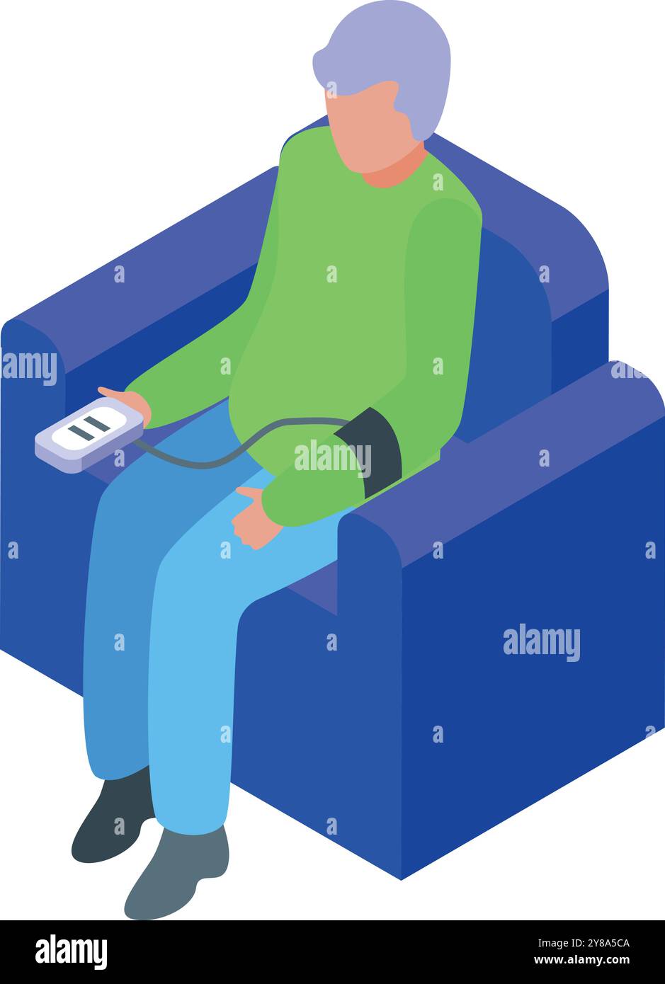 Homme âgé assis dans une chaise et vérifiant sa pression artérielle à la maison à l'aide d'un tensiomètre numérique Illustration de Vecteur