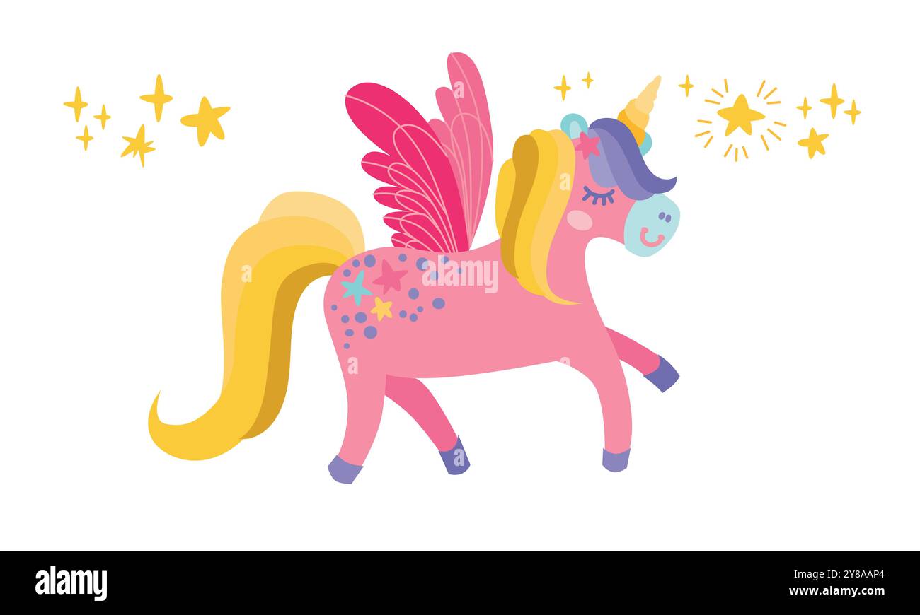 Une licorne mignonne avec des ailes. Un poney dessiné à la main avec une corne dorée. Le cheval magique Pegasus. Il peut être utilisé pour l'impression, les textiles, la conception de Web. Vecteur Illustration de Vecteur