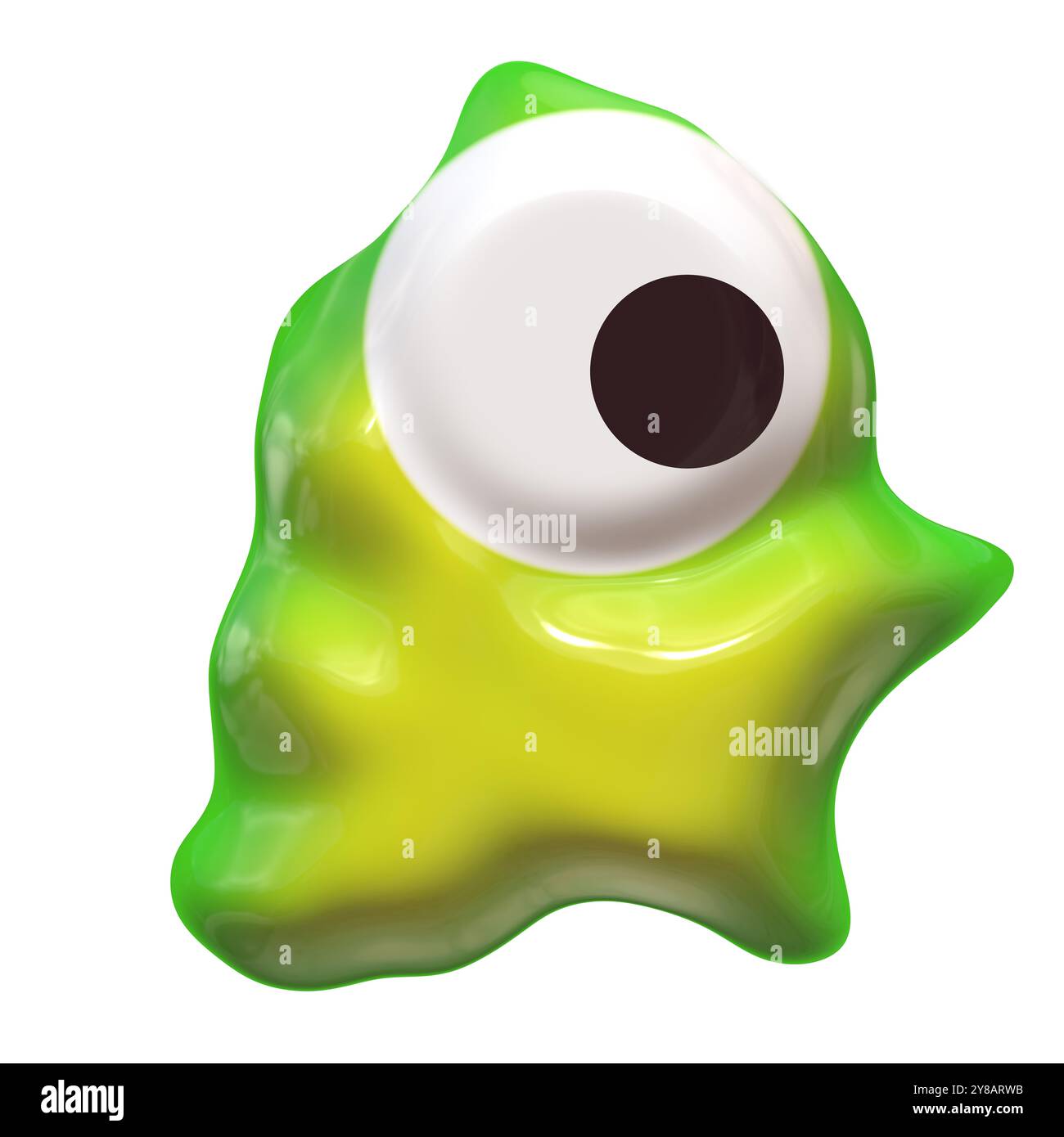 Tache en plastique de forme abstraite avec des yeux sur fond blanc. Texture pour les produits enfants de thème de présentation de fond. Mucus de goo blob renversé. Banque D'Images