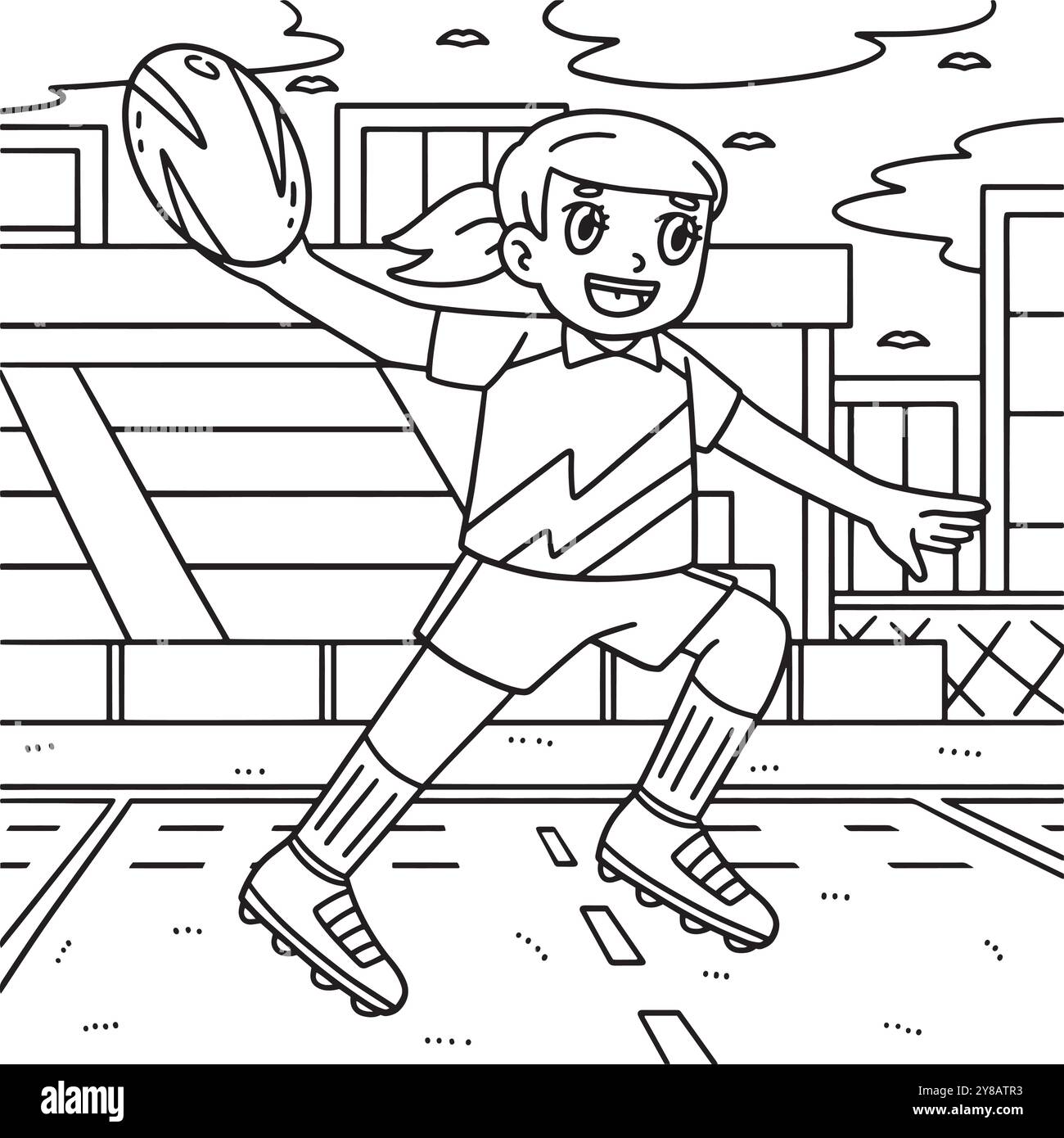 Joueur féminin de rugby passant la page de coloriage de balle Illustration de Vecteur