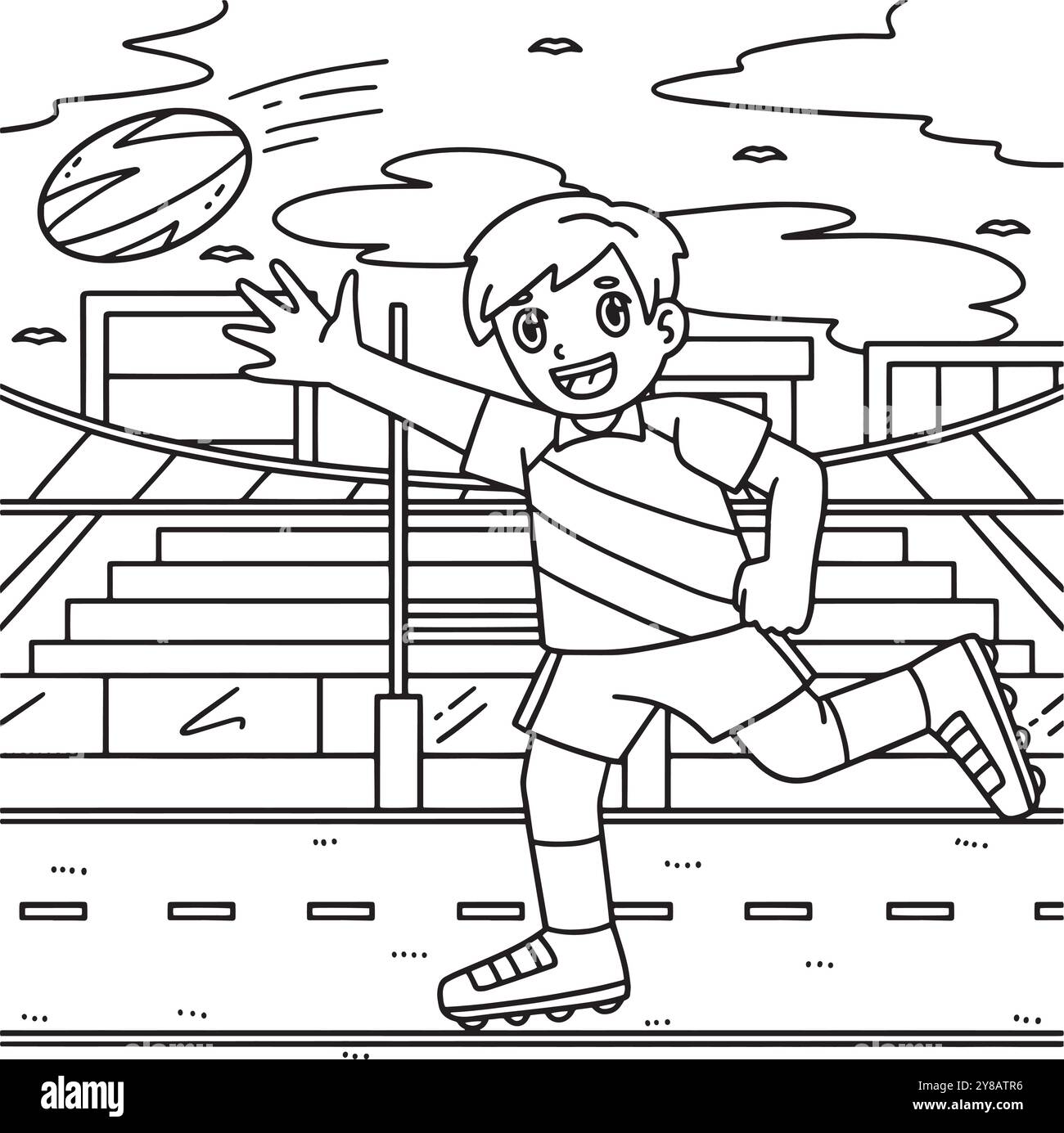 Joueur de rugby pourchassant la page de coloriage de balle Illustration de Vecteur
