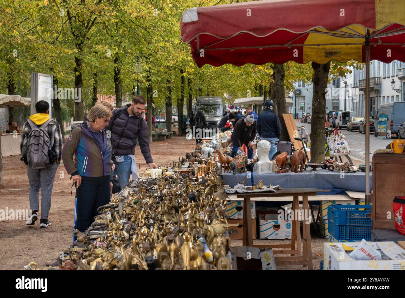 Belgique, Flandre, Bruges, Dijver, clients dans le marché aux puces du week-end à la recherche d'antiquités Banque D'Images