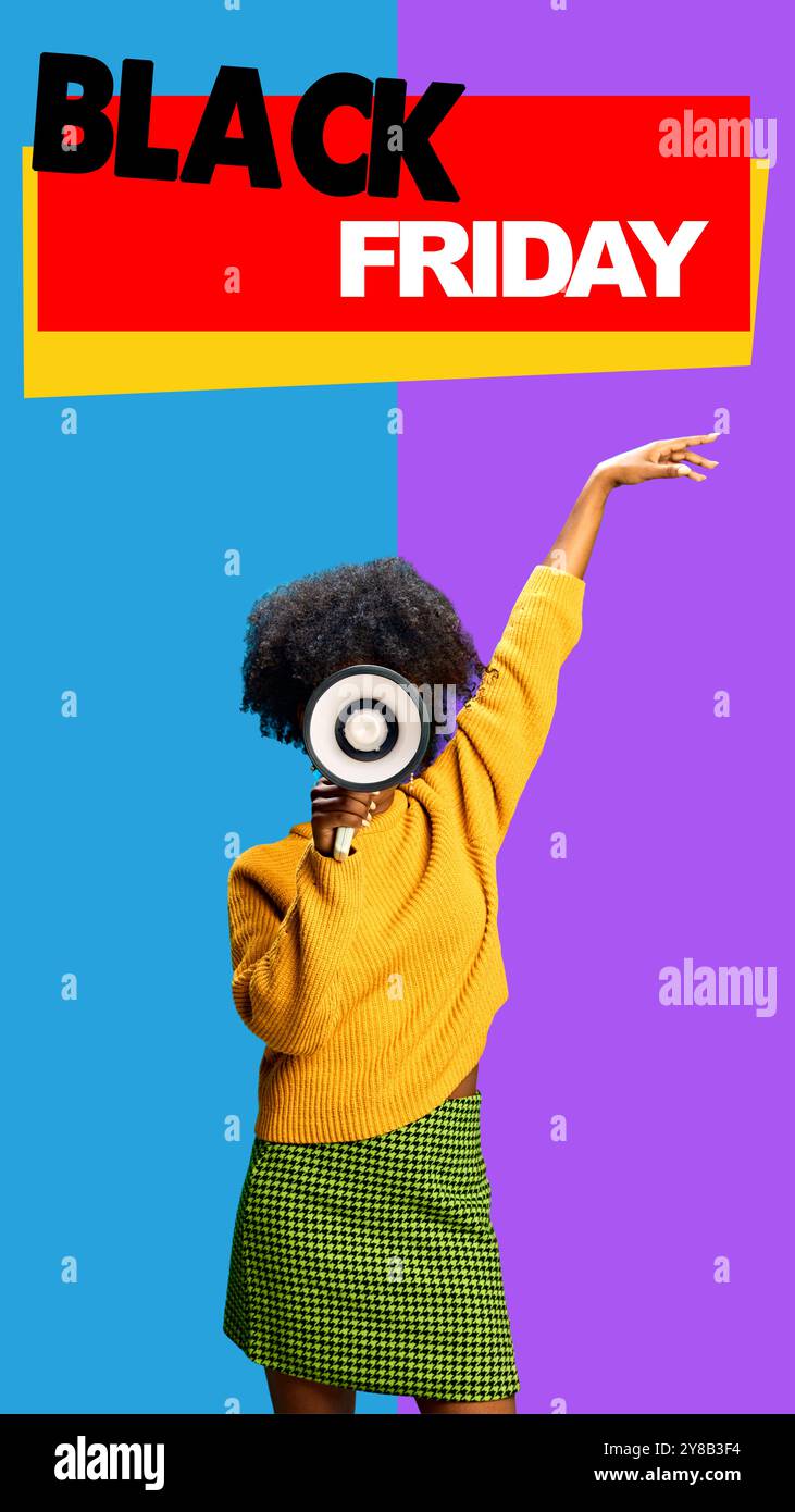 Affiche. Collage d'art contemporain. Femme frappant la pose tout en tenant le mégaphone. Les couleurs vives et audacieuses soulignent l'excitation de la vente. Banque D'Images