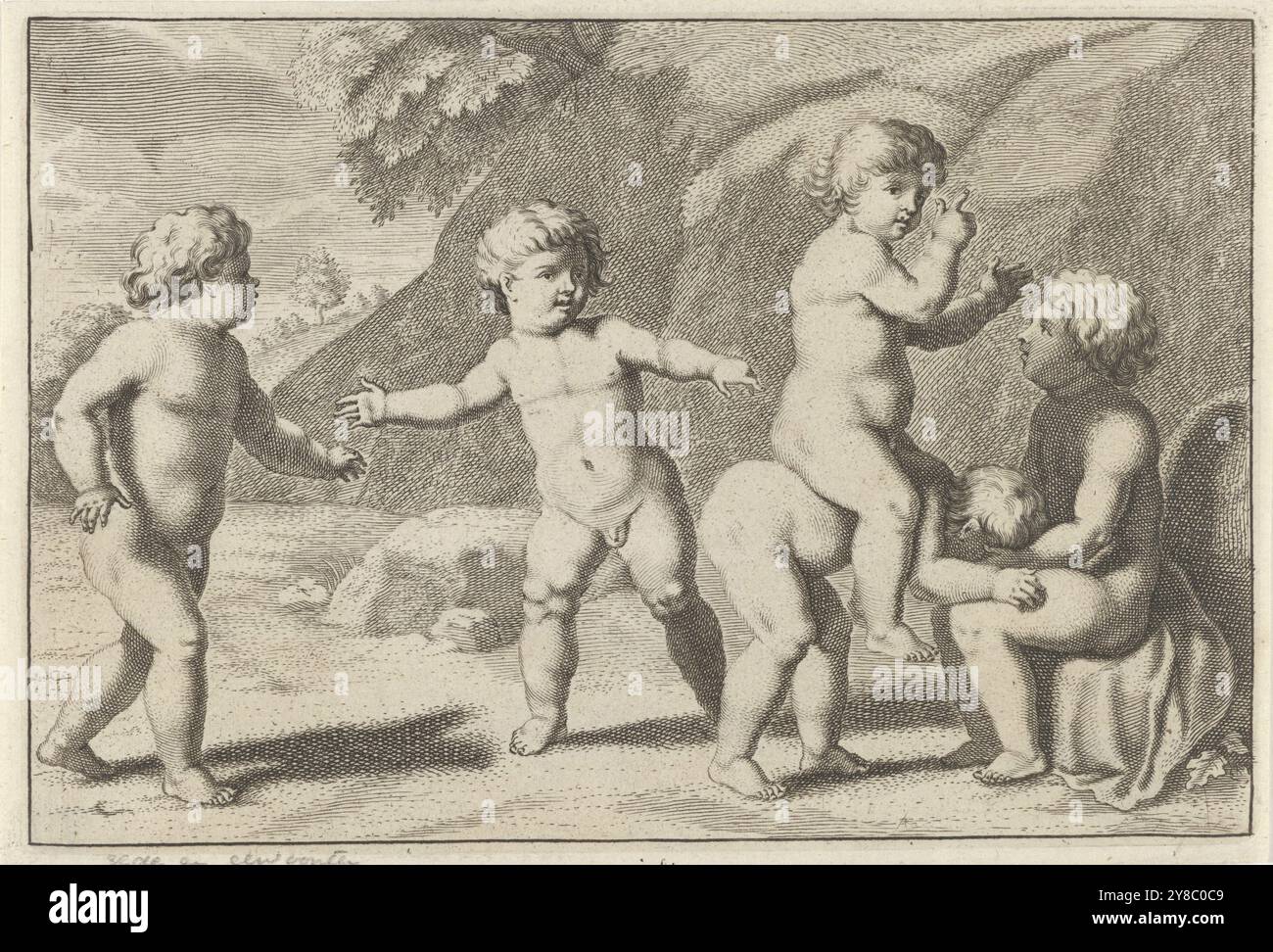 Équitation, enfants jouant (série B) (titre de la série), Un enfant monte sur le dos d'un autre enfant. Ils sont accompagnés de trois autres enfants. Peut-être qu'ils jouent le jeu de l'argent fermement., print, print maker : Michiel Mosijn, après conception par : Cornelis Holsteyn, éditeur : Cornelis Danckerts, (peut-être), Amsterdam, 1640 - 1655, papier, gravure, hauteur, 131 mm × largeur, 192 mm Banque D'Images