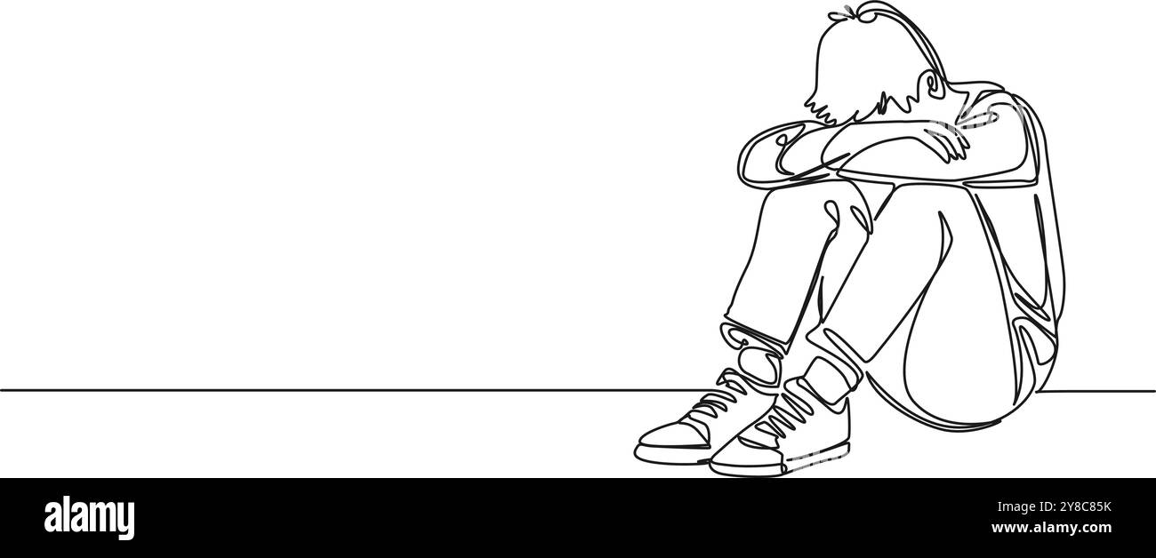 dessin continu d'une seule ligne de garçon triste assis sur le sol pleurant, illustration vectorielle d'art au trait Illustration de Vecteur