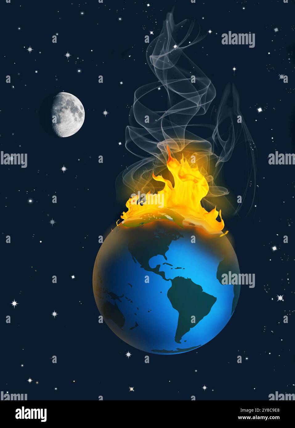 La terre est en feu et vue de loin avec la lune et les étoiles en arrière-plan. Ceci est une illustration en 3D sur le réchauffement climatique et le climat c Banque D'Images