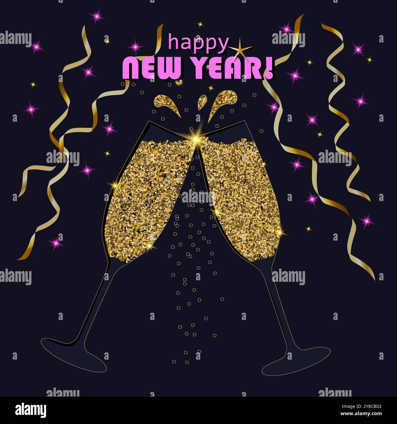 Toast de célébration du nouvel an avec champagne, paillettes, étoiles brillantes, streamers, dans les couleurs dorées et roses sur un fond bleu foncé Illustration de Vecteur