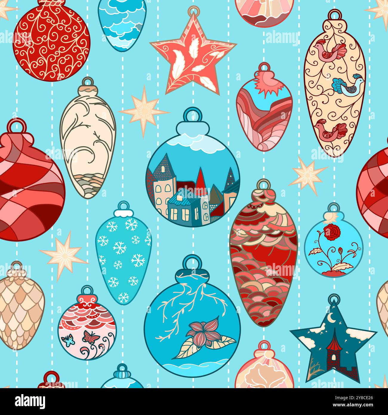 Motif de Noël sans couture dessiné à la main avec boules en filigrane Illustration de Vecteur