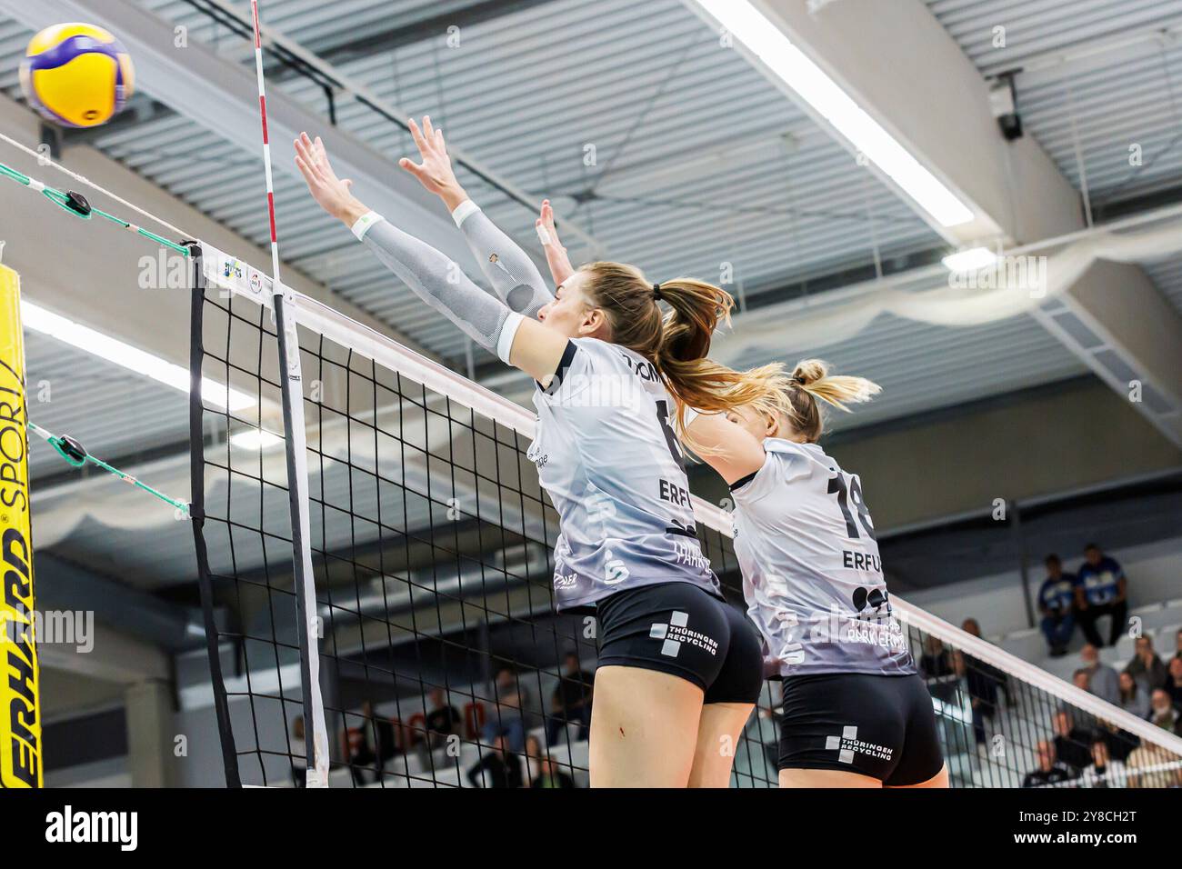 Erfurt, Deutschland. 02 octobre 2024. Von links : Kira Thomsen (Schwarz-Weiss Erfurt, 6) und Kaylee Oscarson (Schwarz-Weiss Erfurt, 18) beim Block, 02.10.2024, Erfurt (Deutschland), volleyball, Bundesliga Frauen, Schwarz-Weiss Erfurt - Dresdner SC/dpa/Alamy Live News Banque D'Images