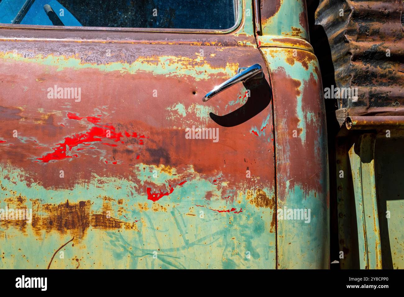 Peinture décolorée sur le côté d'un vieux camion antique, Nouveau Mexique, USA Banque D'Images