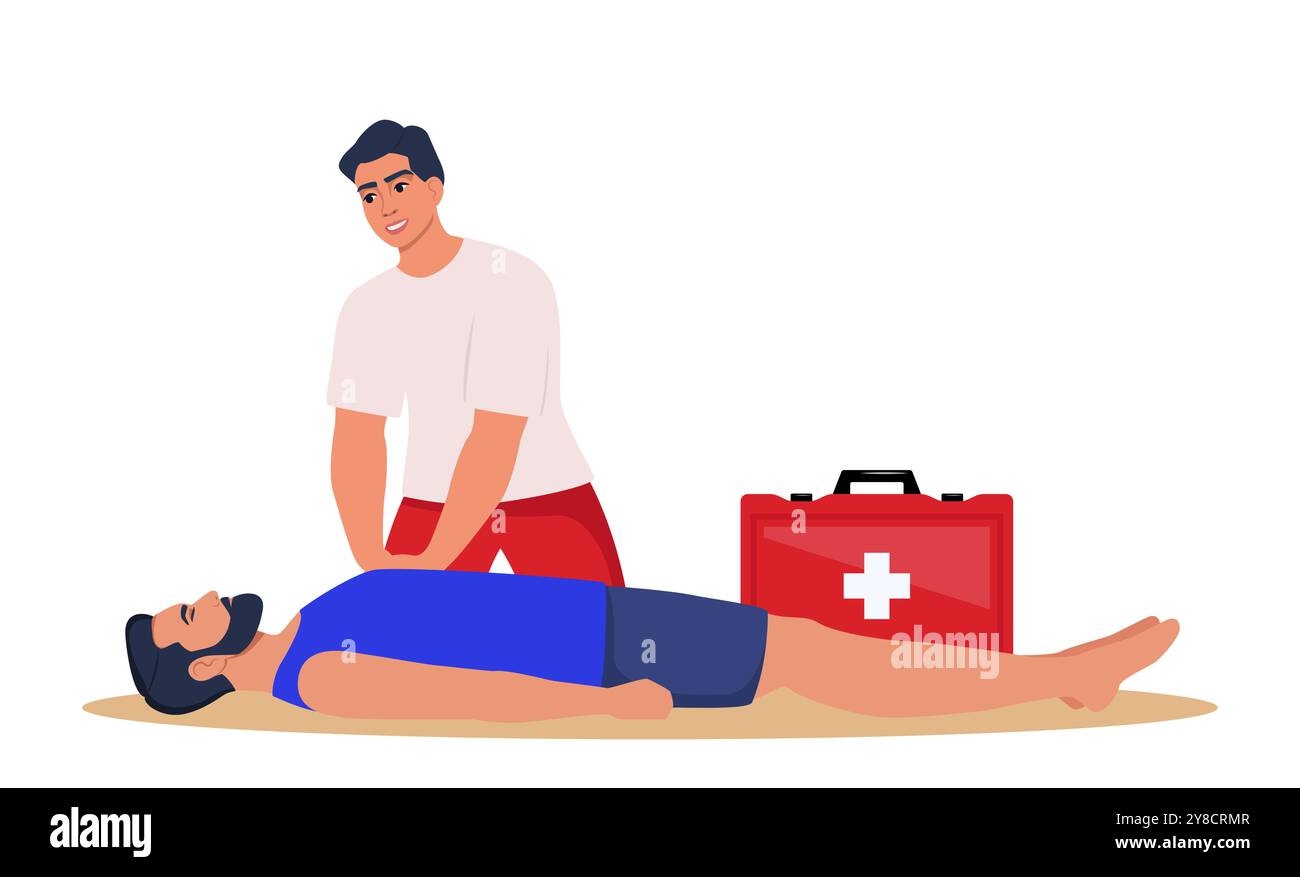 Le sauveteur de plage effectue un massage cardiaque indirect à l'homme qui se noie sauvé de l'eau. Situation d'urgence d'aide à la noyade. Le resu cardio-pulmonaire Illustration de Vecteur