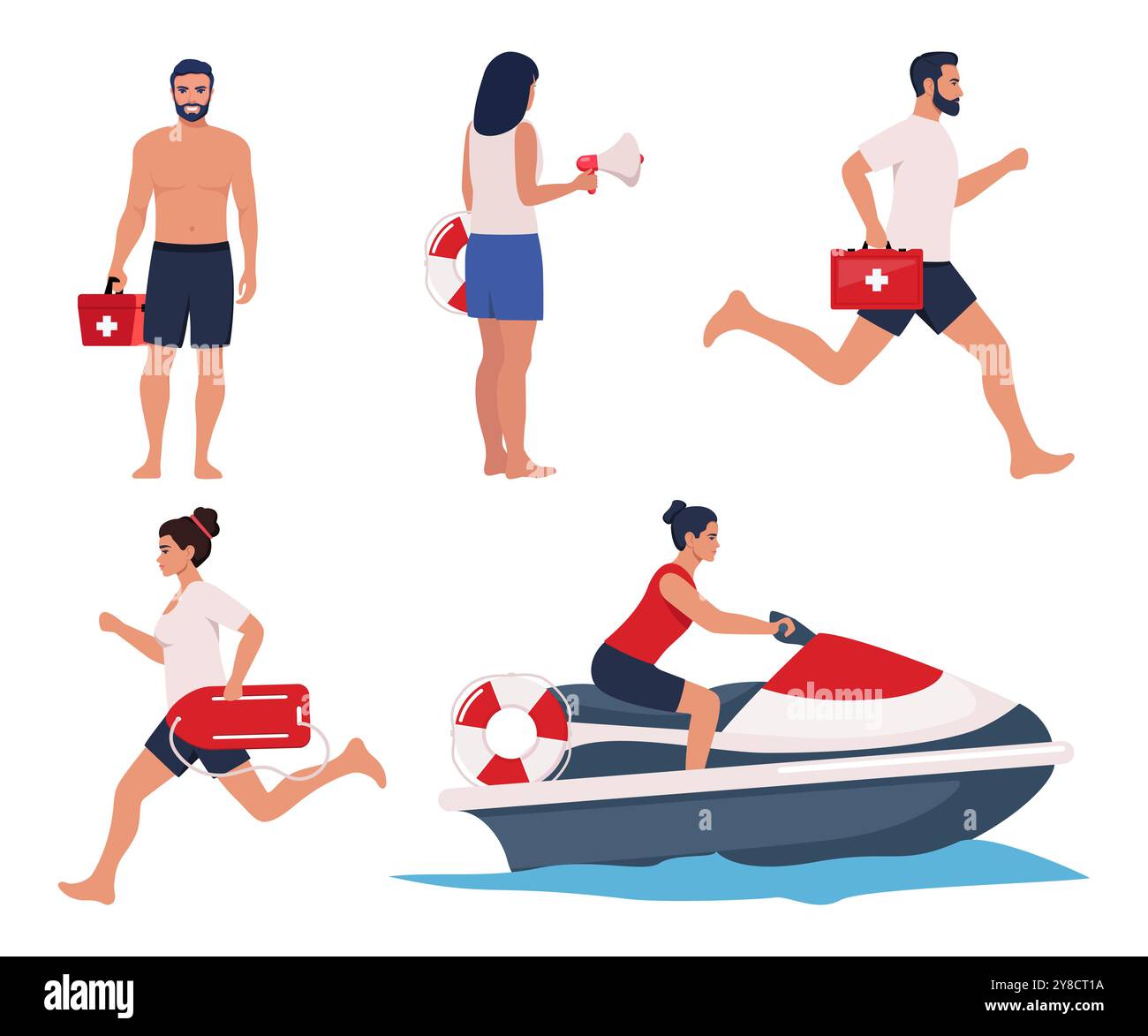 Sauveteurs de plage professionnels, ensemble de personnages. Sauveteurs avec bouée de sauvetage et boîte rouge de trousse de premiers soins médicaux. Les sauveteurs patrouillent en mer sur jet ski. SECU Illustration de Vecteur