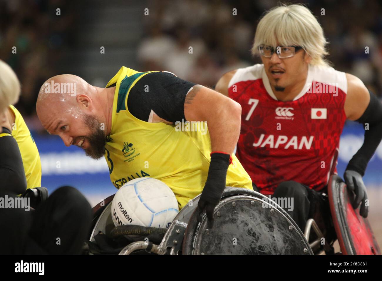 Ryley BATT de l'Australie vs Japon dans le match de rugby en fauteuil roulant - Open - demi-finale à l'Arena champ de mars aux Jeux paralympiques de 2024 à Paris, France. Le Japon a battu l'Australie 52-51. Banque D'Images