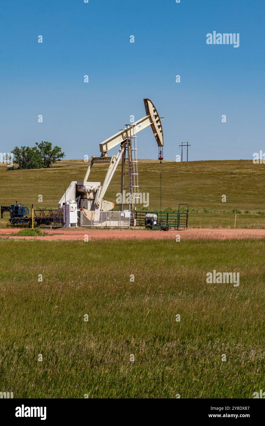 Petite pompe à huile ou derrick dans le champ. Banque D'Images