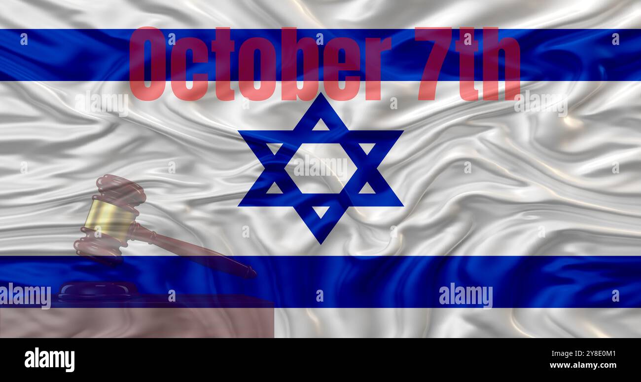 Drapeau national israil , texte du 7 octobre. Banque D'Images