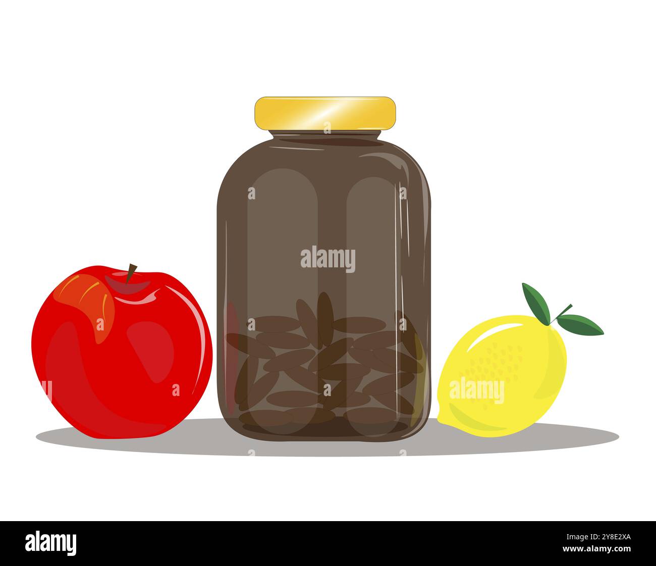 Un pot avec des vitamines et des fruits naturels. Les vitamines sont importantes pour notre santé. Manger des fruits et prendre des vitamines, fer, vitamine d, B2, B6, B12, vitamine C, Banque D'Images