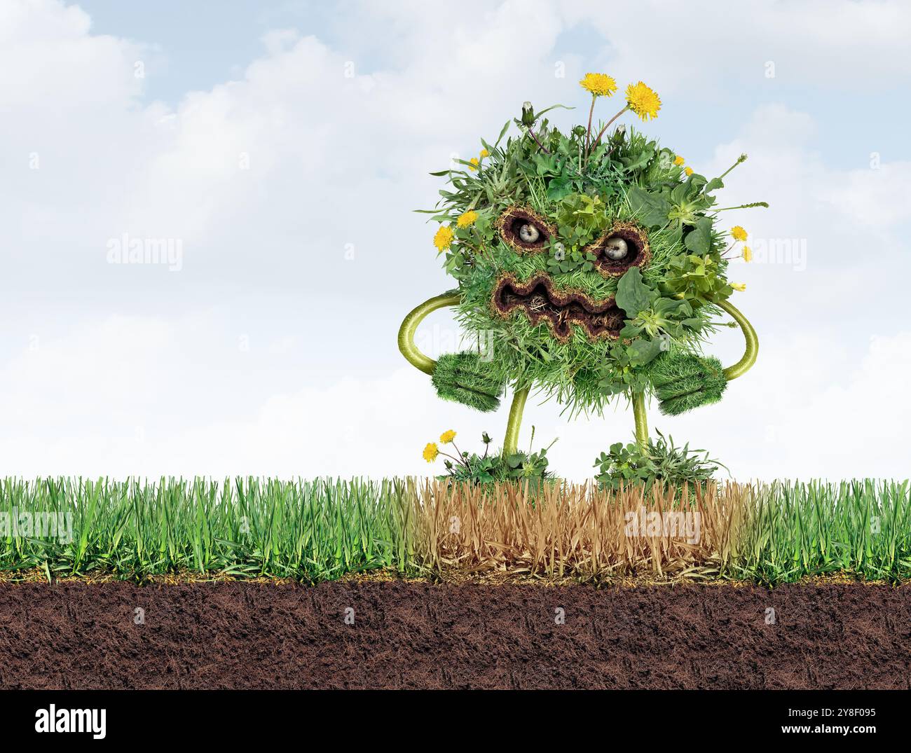 Gazon mauvaises herbes monstre sur une pelouse saine comme un personnage d'herbe et des problèmes de mauvaises herbes comme le pissenlit avec le problème de ravageur d'herbe de crabe de trèfle comme un symbole pour l'herbicide Banque D'Images