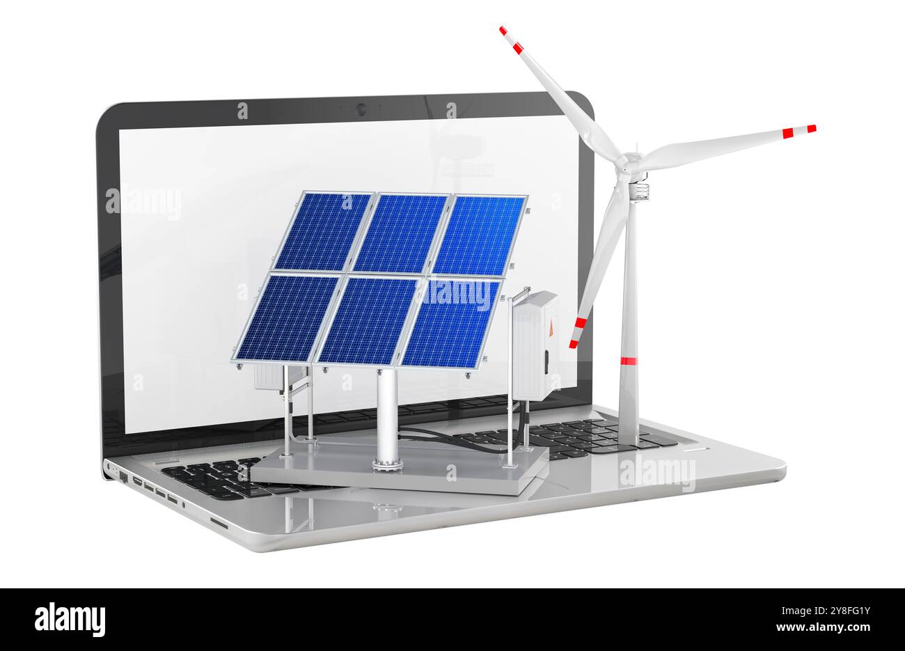 Surveillance et contrôle des panneaux solaires et des éoliennes. Ordinateur portable avec panneaux solaires et éoliennes, rendu 3D isolé sur fond blanc Banque D'Images