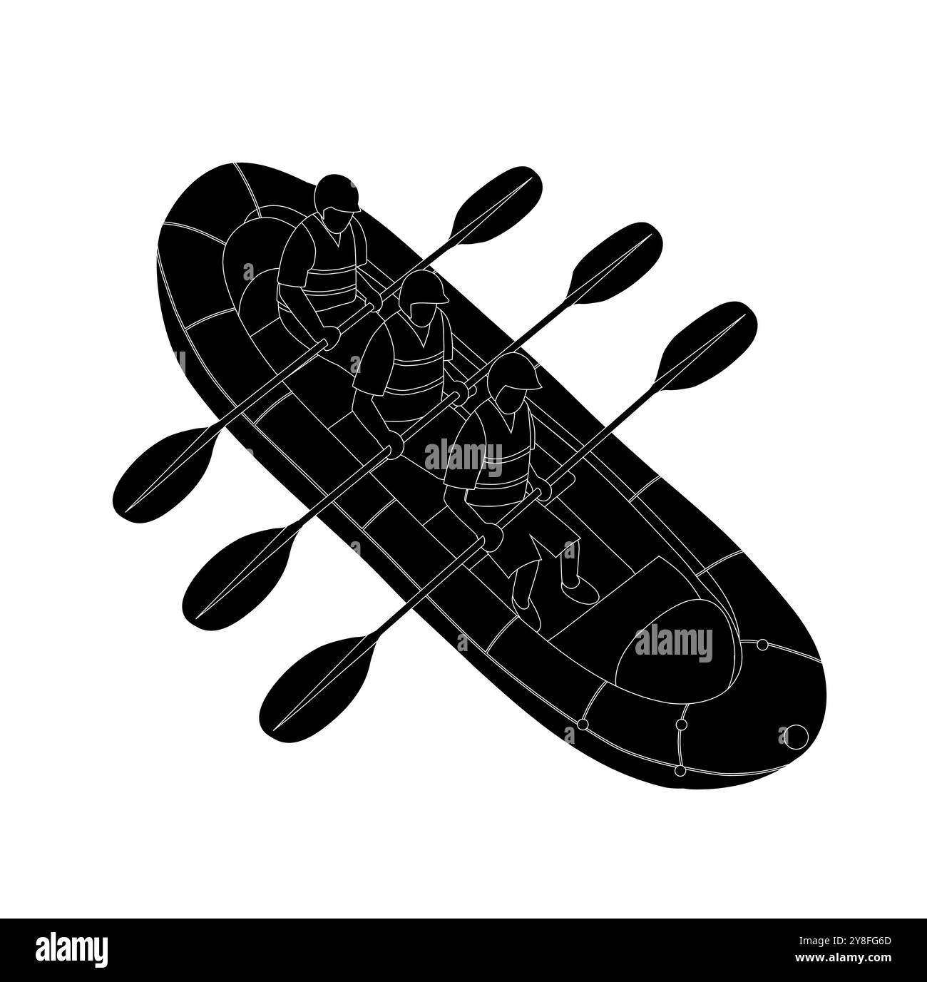 Silhouette noire vectorielle de la vue de dessus du rafting isolée de l'arrière-plan. Clip art monochrome du style de vie sportif actif. Passe-temps de sports nautiques d'été pour ICON Illustration de Vecteur