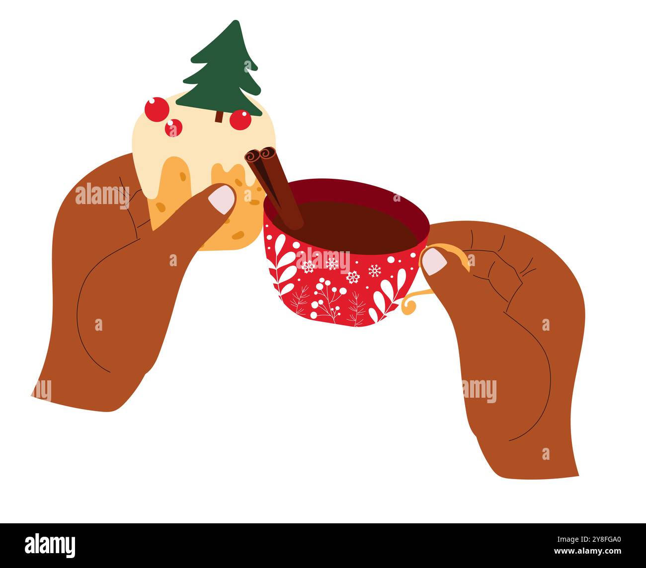 L'heure du thé de Noël. Illustration vectorielle d'hiver dessinée à la main avec des mains à peau foncée tenant un cupcake et une tasse de thé chaud. Isolé sur blanc. Illustration de Vecteur
