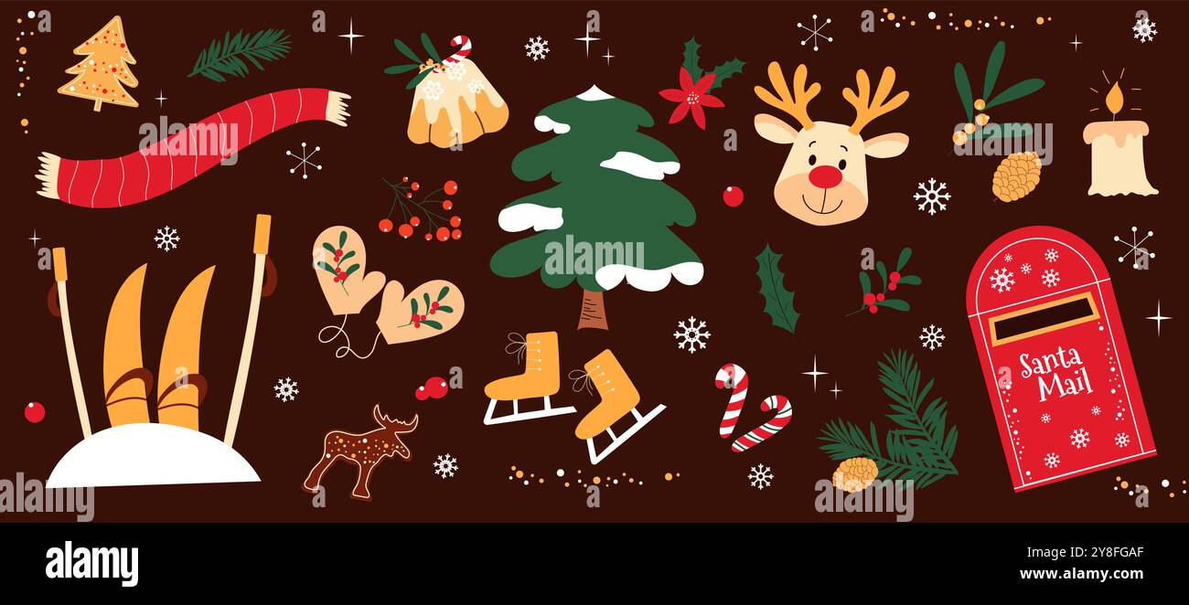 Ensemble d'illustrations hivernales dessinées à la main. Boîte aux lettres Santa, sapin, moufles, ski dans la neige, gâteau de Noël, écharpe, bougie, pain d'épices. Illustration vectorielle Illustration de Vecteur