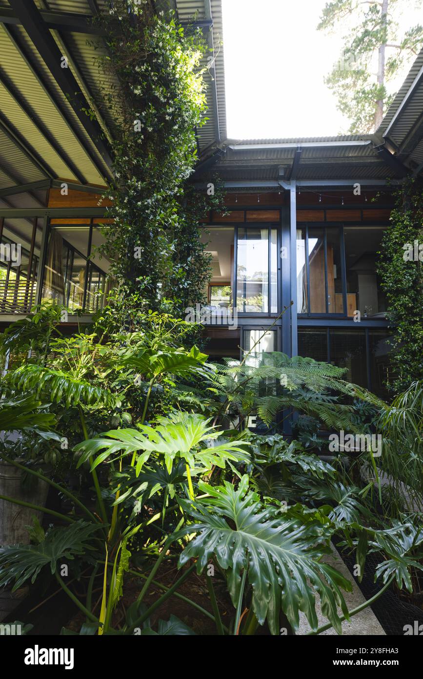 Grande maison vide moderne avec de grandes fenêtres en verre dans un grand jardin vert Banque D'Images