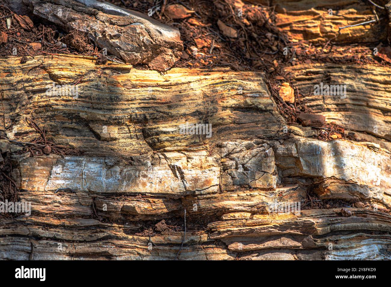 Une vue rapprochée de pierres compactes et de roches, révélant des textures géologiques détaillées et des formations naturelles, idéal pour les sciences de la terre ou le dos géologique Banque D'Images