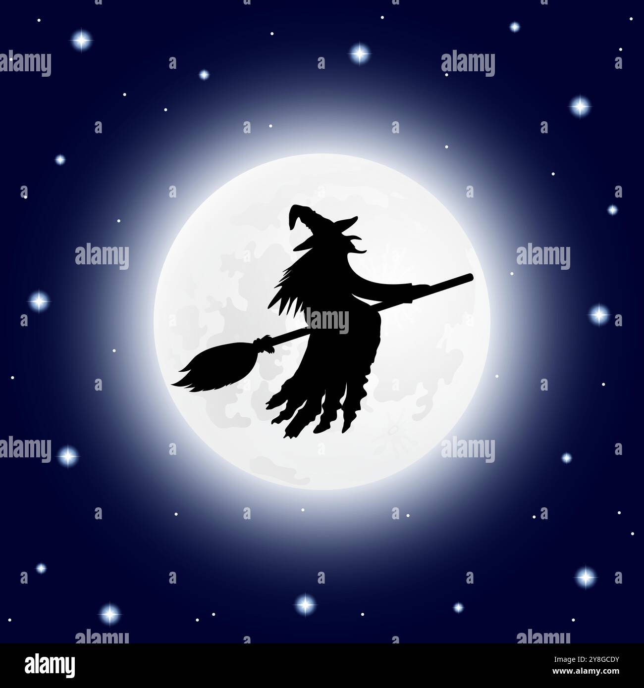 Silhouette d'une sorcière volant sur un bâton de couvée. Illustration de Vecteur