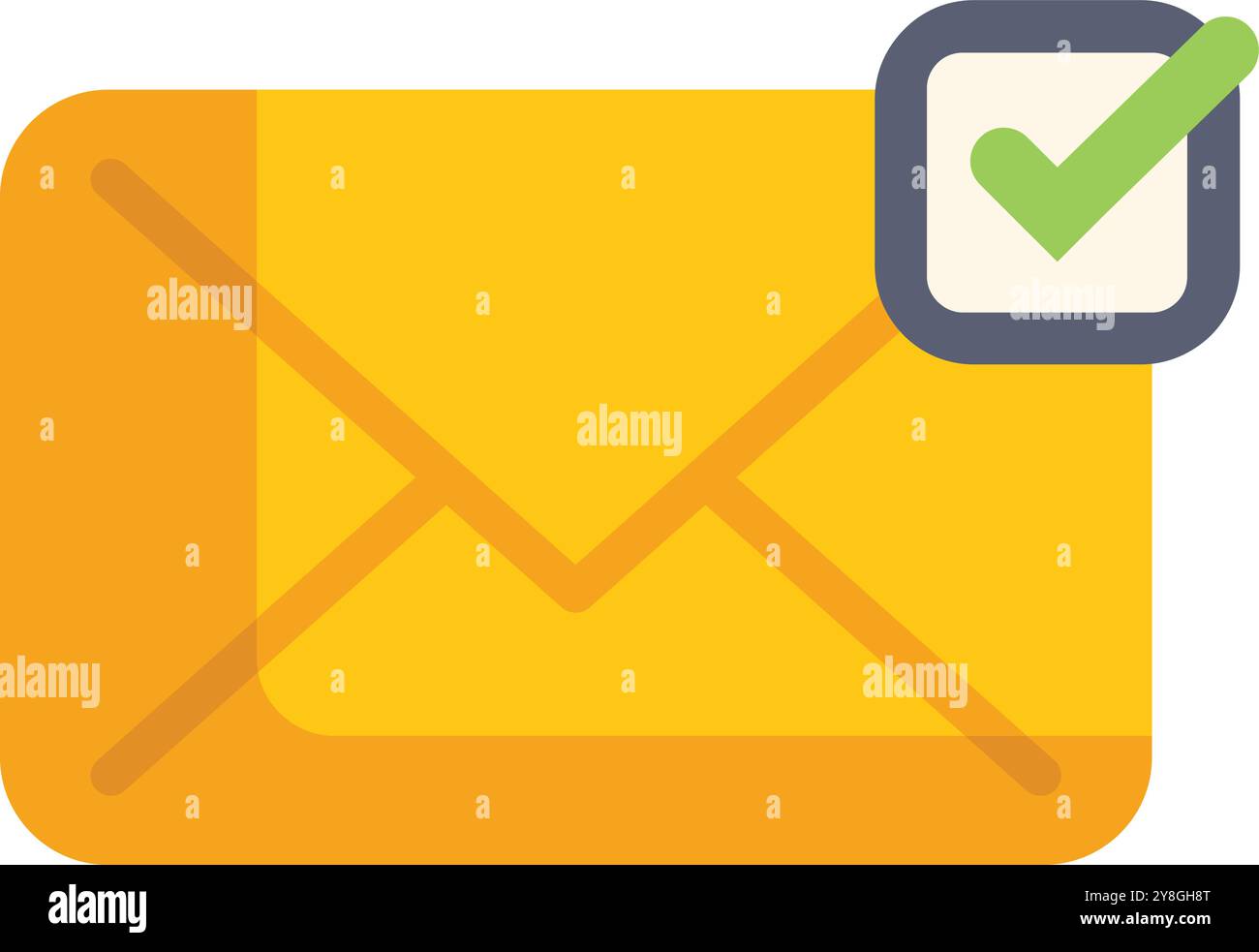 Cette illustration vectorielle montre une enveloppe jaune avec une coche, indiquant que la vérification de l'e-mail a réussi Illustration de Vecteur