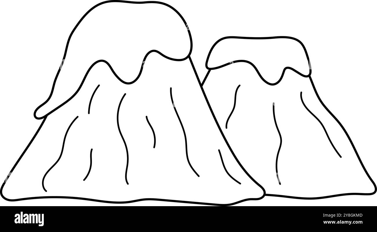 Vector montagnes volcan noir et blanc avec illustration de ligne de lave. Icône de roches isolé sur fond blanc. Image de paysage de la nature préhistorique. DIN Illustration de Vecteur