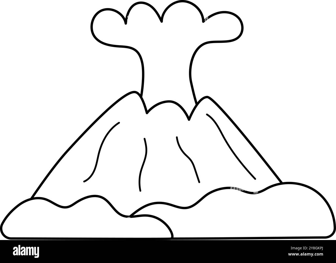 Vecteur noir et blanc éruption ou explosion de montagnes volcan avec illustration de ligne de fumée. Icône de roches isolé sur fond blanc. Natu préhistorique Illustration de Vecteur