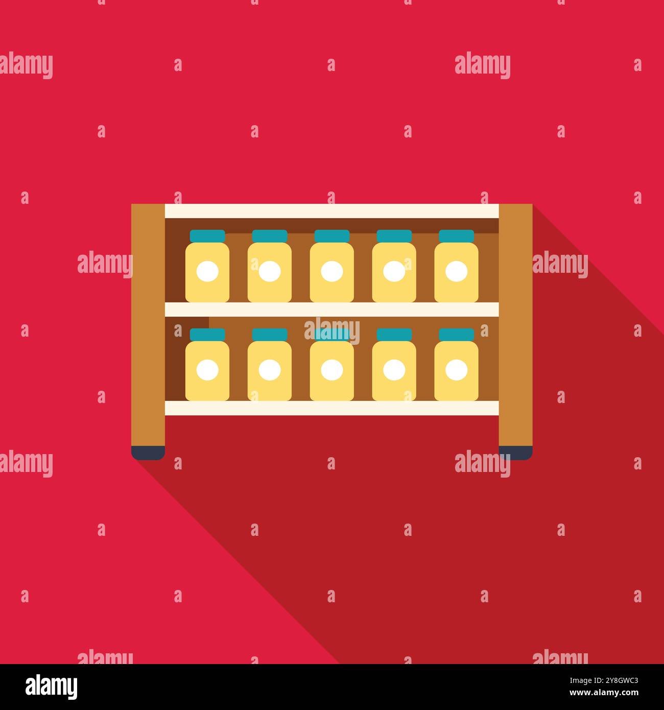 L'étagère en bois contient des pots remplis de conserves alimentaires, projetant une longue ombre sur un fond rouge Illustration de Vecteur L'étagère en bois contient des pots remplis de conserves alimentaires, projetant une longue ombre sur un fond rouge Illustration de Vecteur