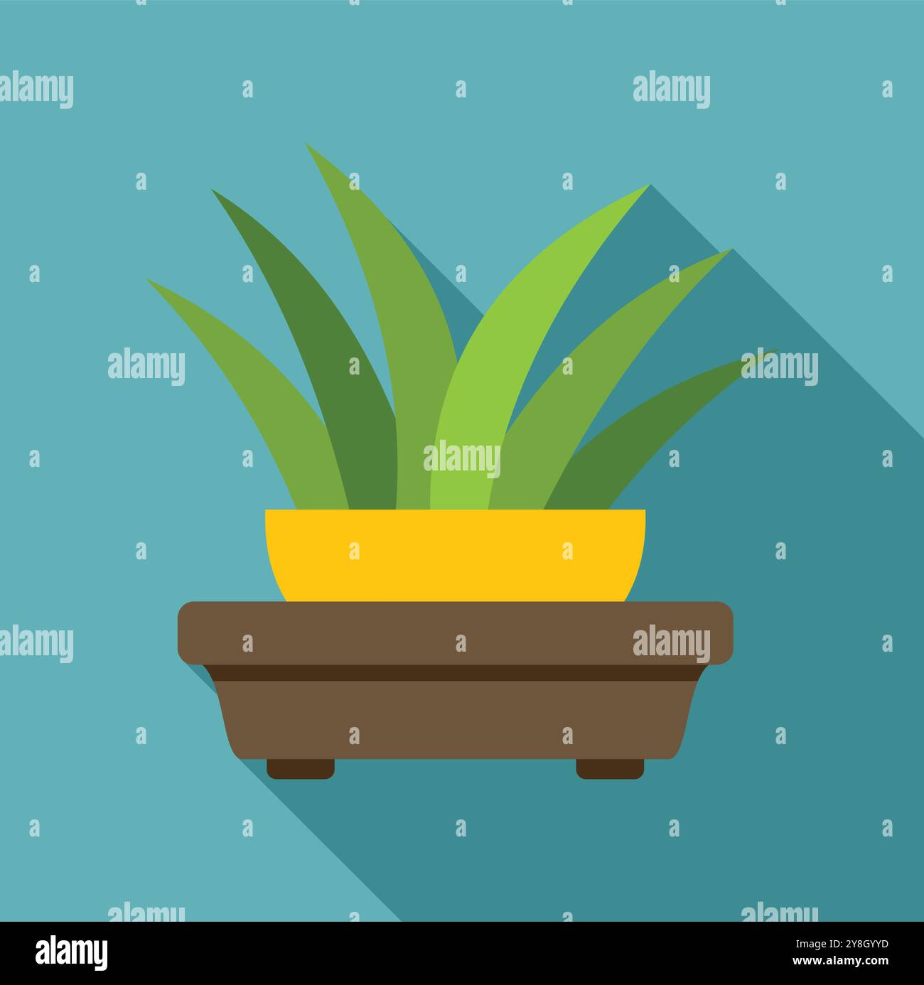 Plante d'intérieur verte poussant dans un pot en céramique jaune debout sur un support en bois Illustration de Vecteur