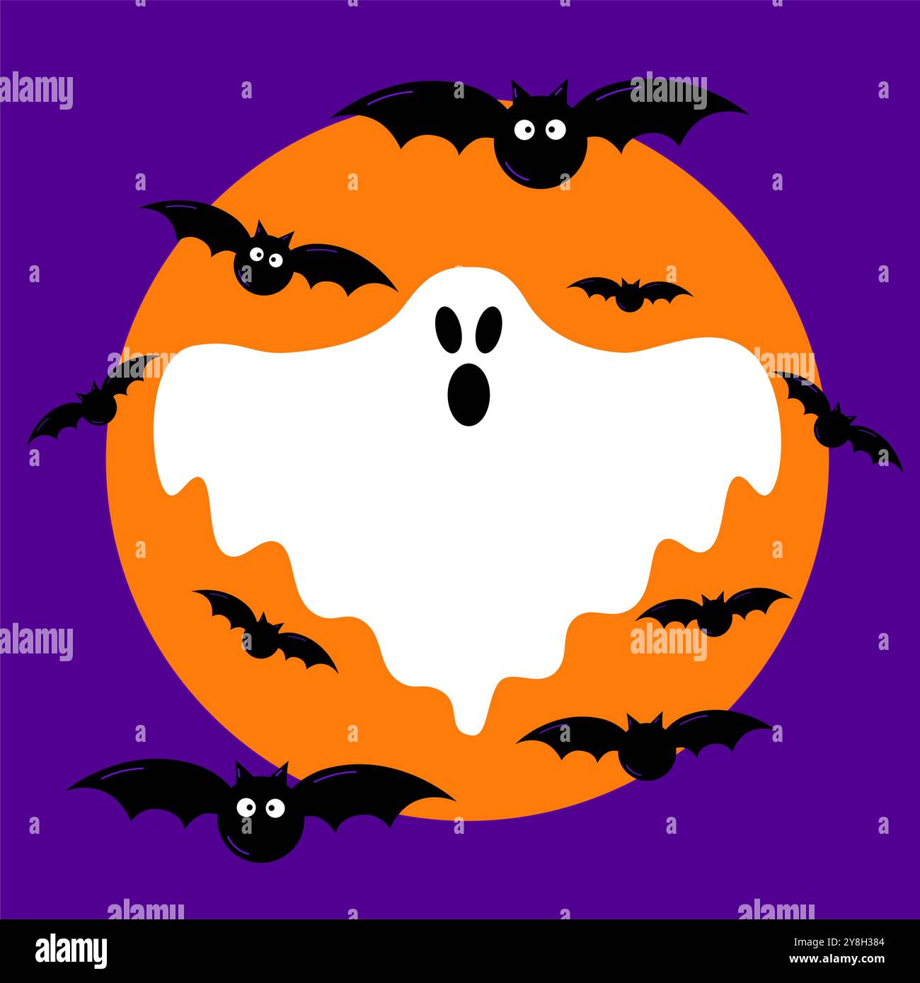 Ciel d'Halloween minuit avec chauves-souris volantes et lune, et fond vectoriel de dessin animé fantôme effrayant. Joyeux Halloween, trick ou gâtez la fête Illustration de Vecteur