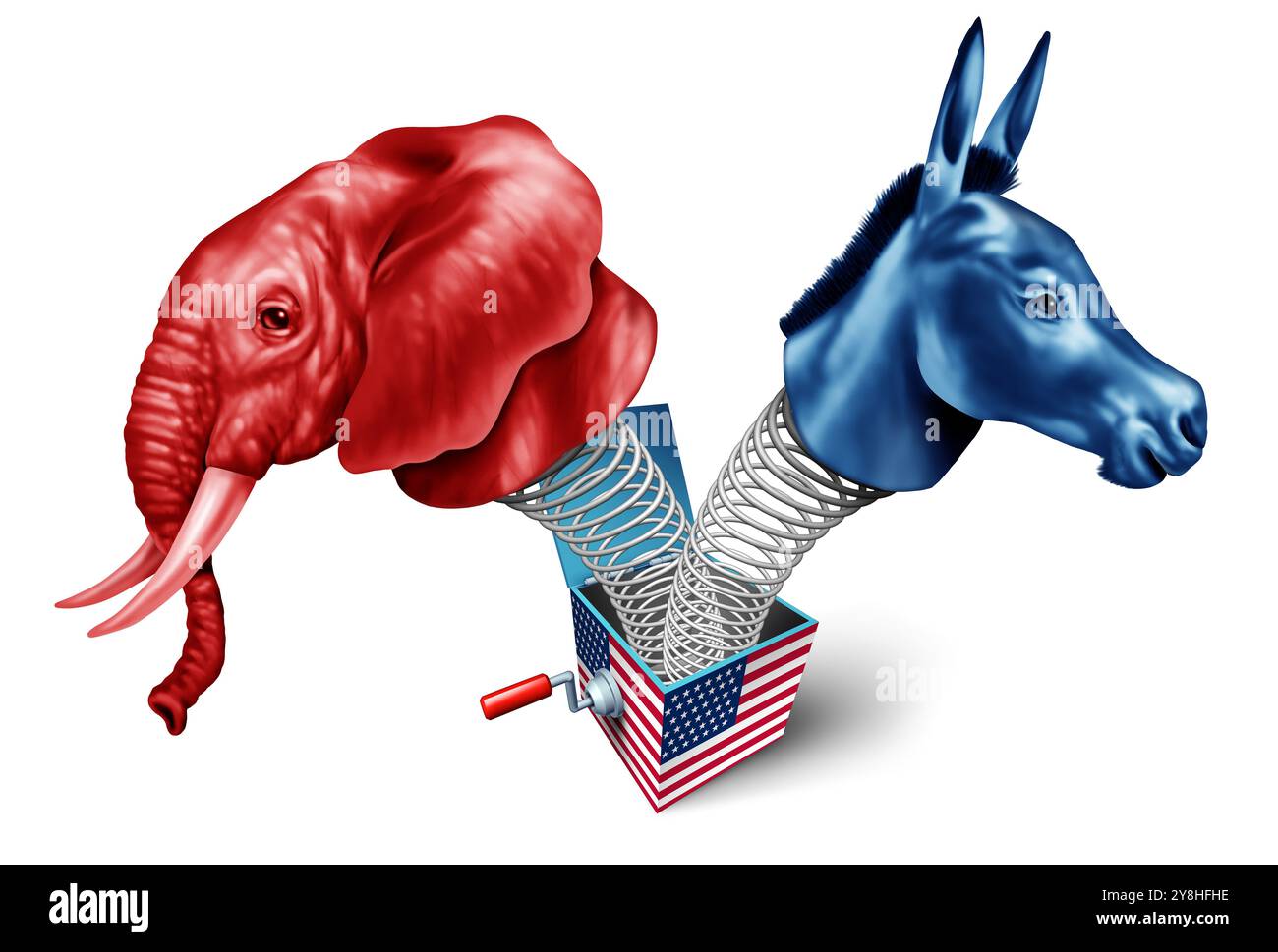 Élection AMÉRICAINE octobre surprise comme un jack dans la boîte jouet avec un éléphant et un âne représentant les électeurs rouges de droite et les votes bleus penchés à gauche émerg Banque D'Images