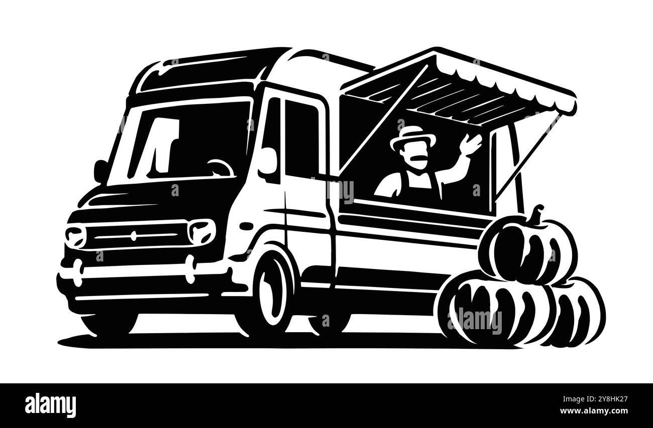 Camion agricole avec citrouilles. Dessin du marché des agriculteurs. Illustration vectorielle en noir et blanc dessinée à la main Illustration de Vecteur