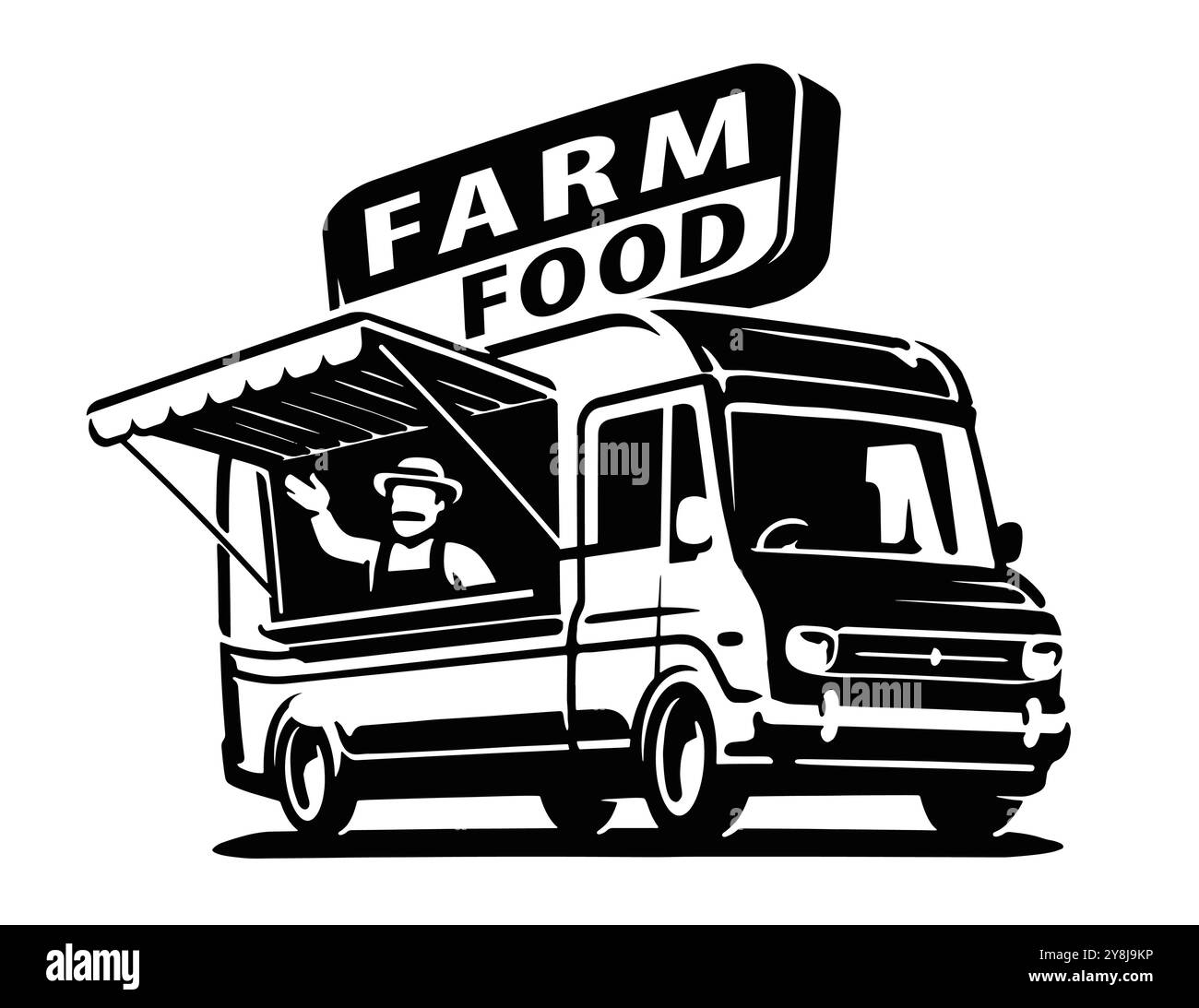 Agriculteur vendant des aliments frais de ferme. Emblème du marché des agriculteurs. Illustration vectorielle de l'agriculture Illustration de Vecteur