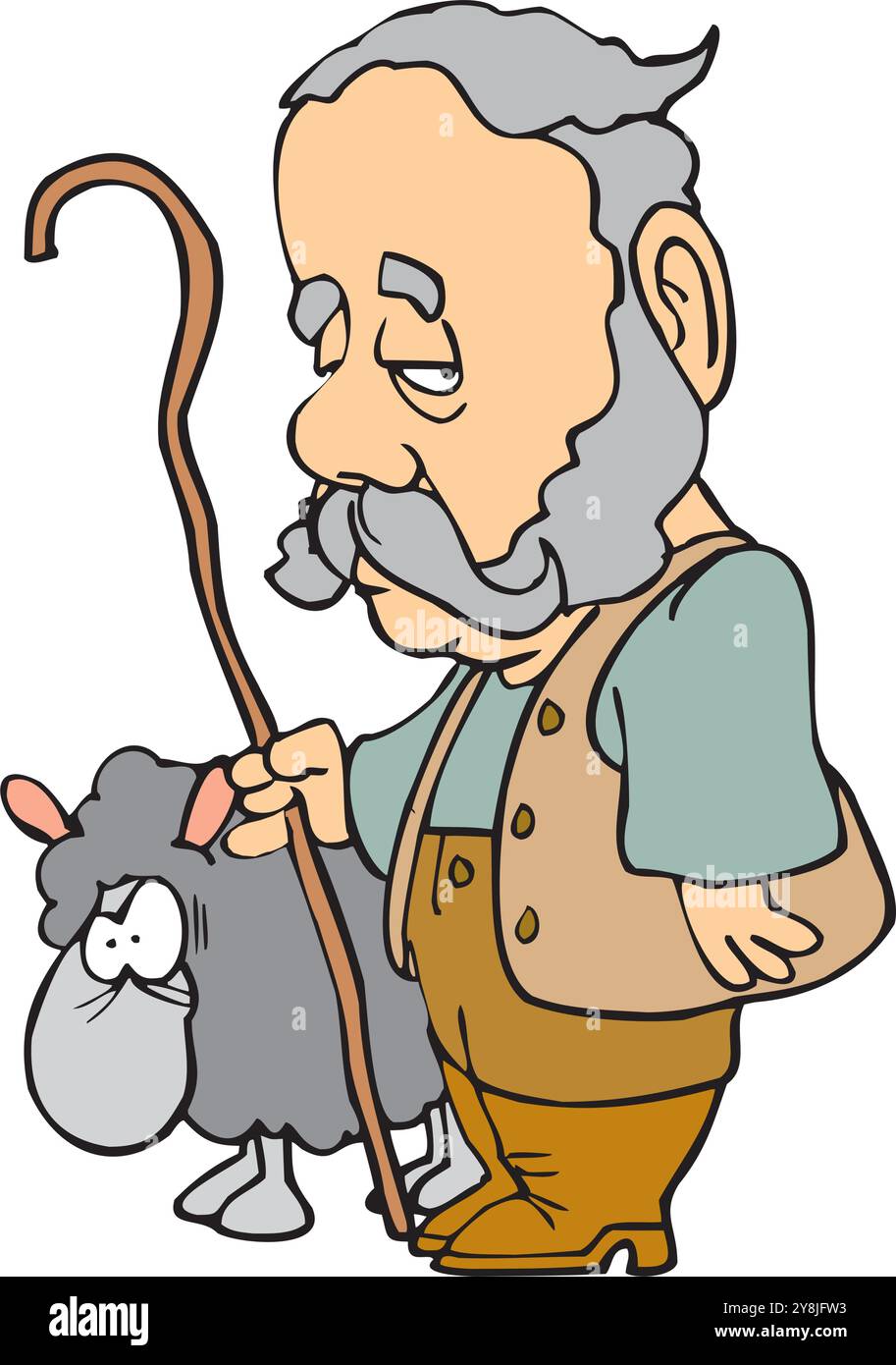 berger avec bâton troupeau de troupeau de moutons blancs souriant fermier mâle élevant des moutons concept d'agriculture écologique Illustration de Vecteur