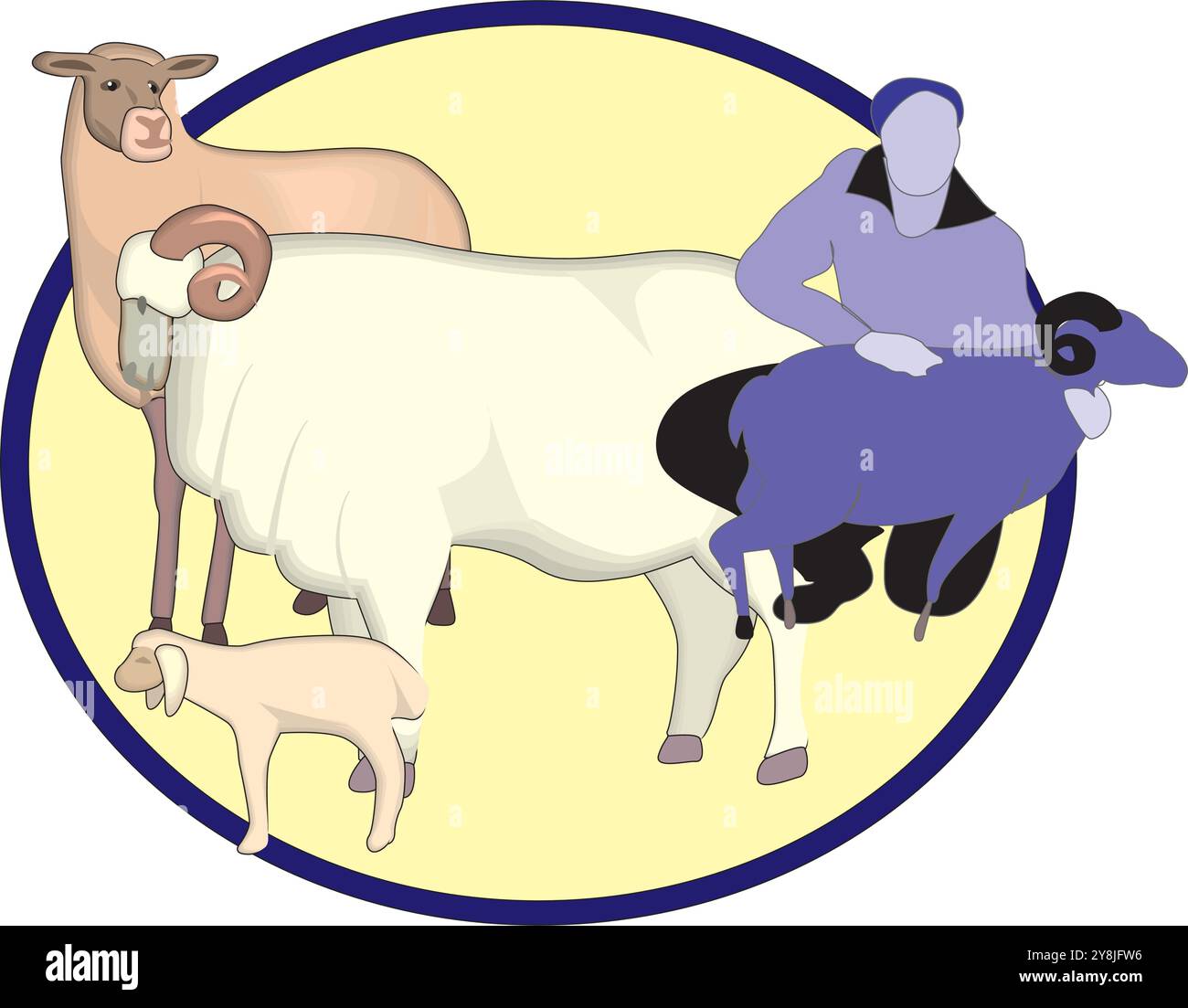 berger avec bâton troupeau de troupeau de moutons blancs souriant fermier mâle élevant des moutons concept d'agriculture écologique Illustration de Vecteur