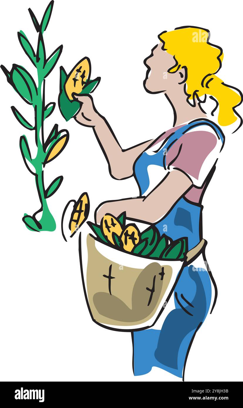 Personnages de dessins animés de l'agriculteur de femme cueillant l'illustration de conception vectorielle de maïs Illustration de Vecteur