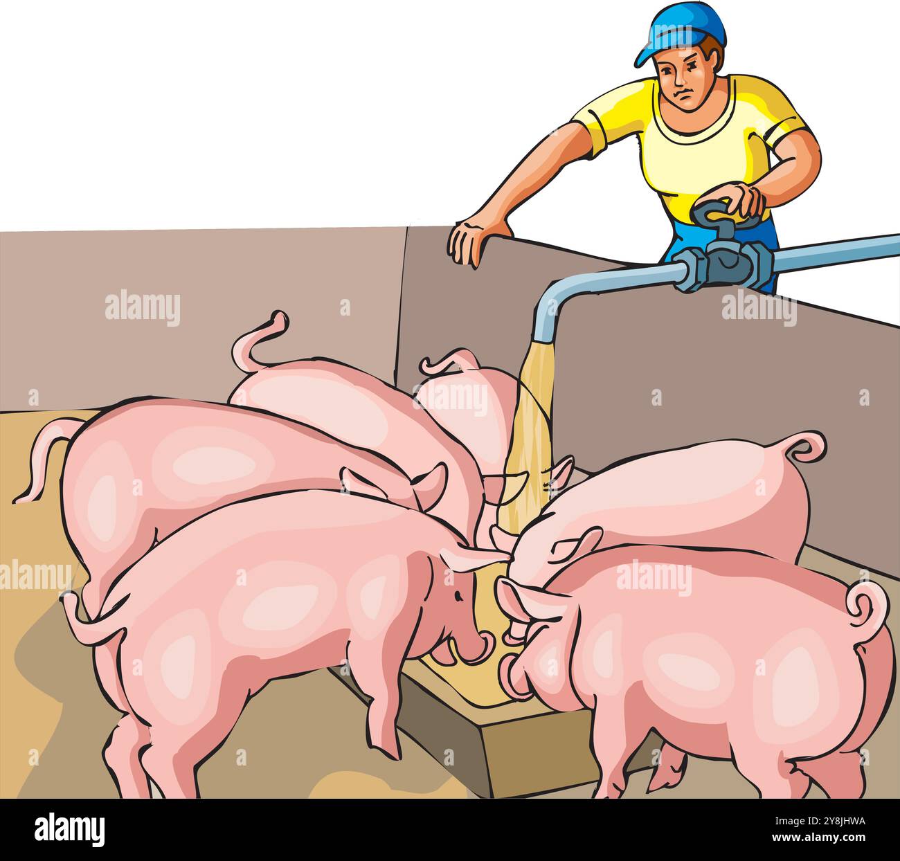 man woker nourrit des porcs. Illustration de personnage de dessin animé. Illustration de Vecteur