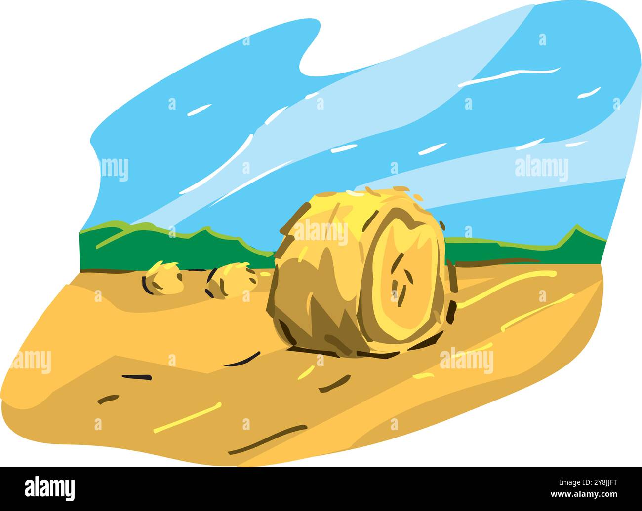 Composition horizontale avec balles foin campagne paysage vue du champ avec grange de l'agromoteur et illustration vectorielle des éoliennes Illustration de Vecteur