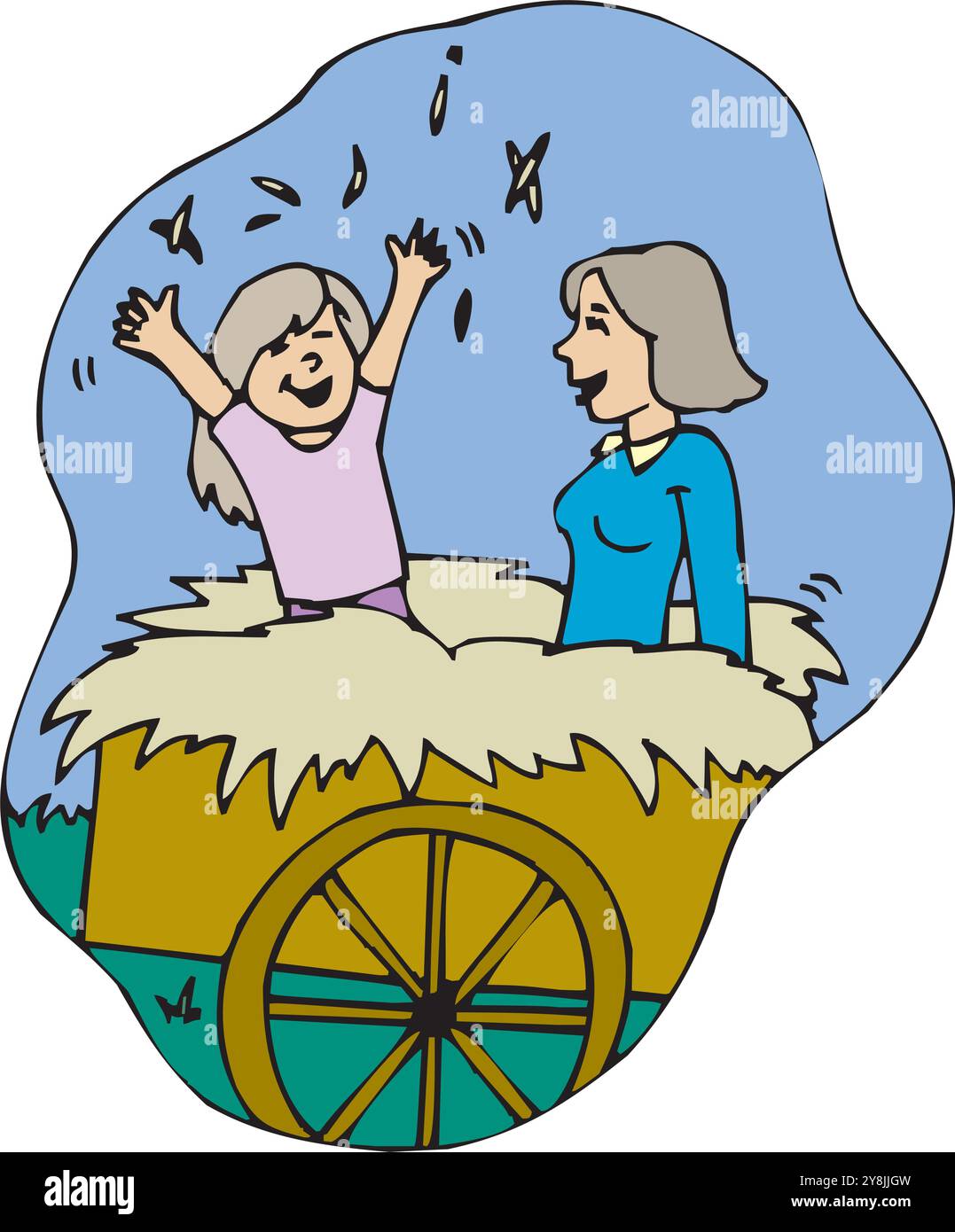 Les femmes fermières remorquent un chariot rempli d'illustration de conception vectorielle de foin Illustration de Vecteur