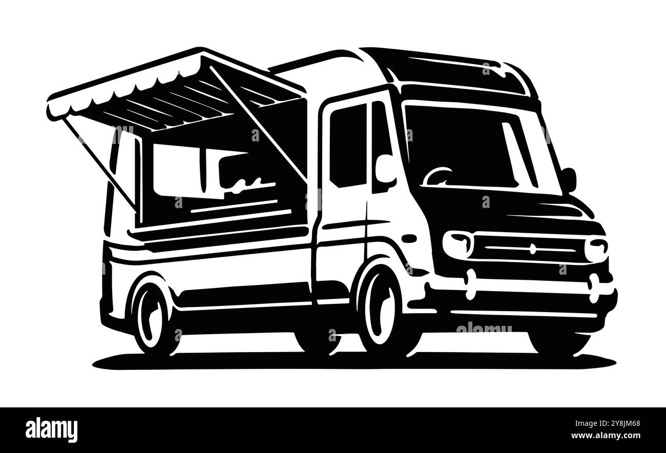 Magasin de camions avec fenêtre ouverte. Magasin de transport rétro. Illustration vectorielle en noir et blanc dessinée à la main Illustration de Vecteur