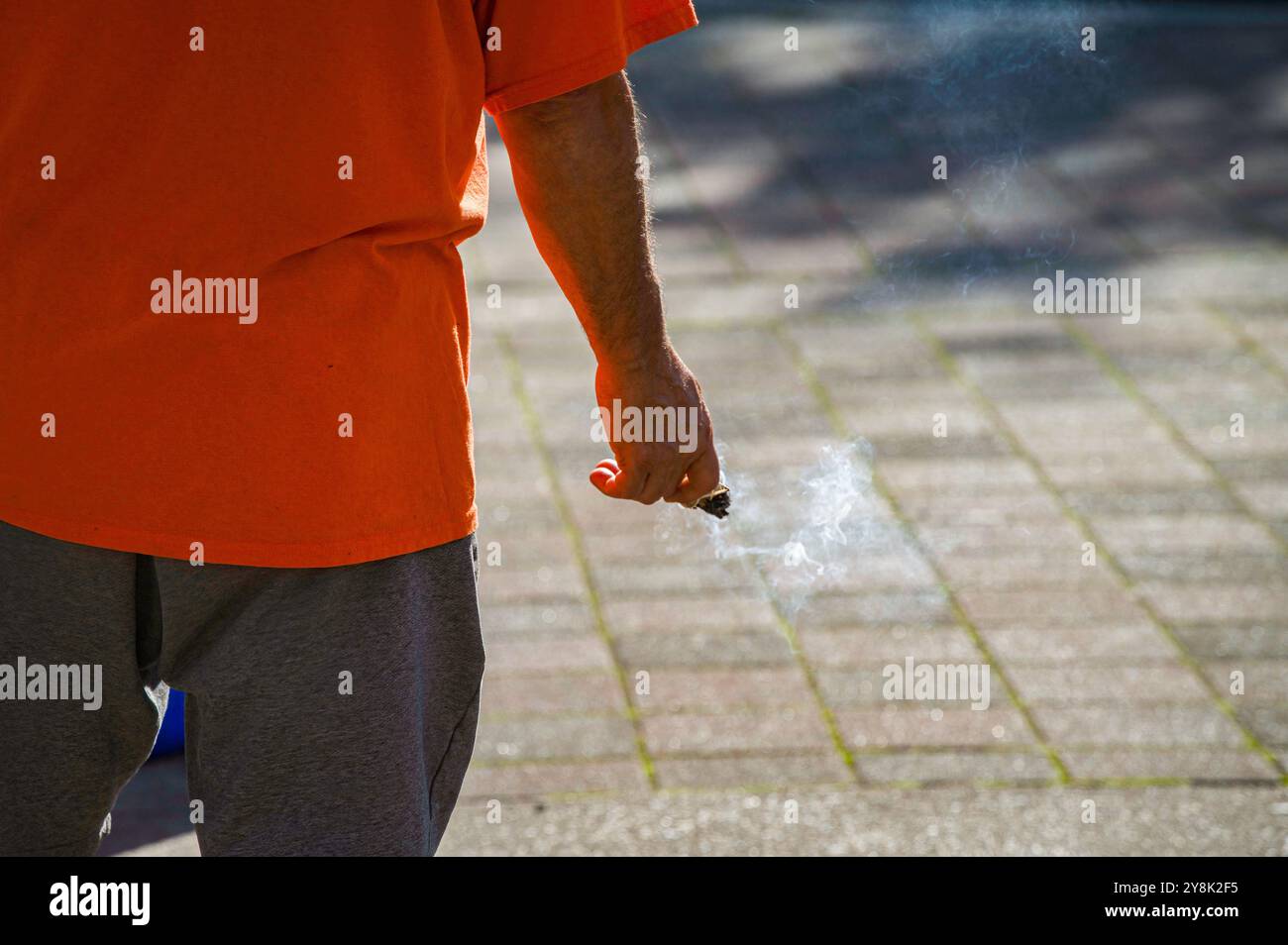 Un homme dans une chemise orange tient un bâton de sauge brûlant lors d'un événement de vérité et réconciliation. La sauge est utilisée dans la culture des Premières Nations pour faire de la boue. Banque D'Images